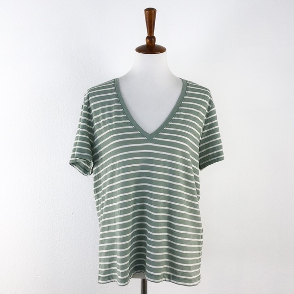 Madewell Tops - Madewell Green Striped Short Sleeve V-Neck Tee